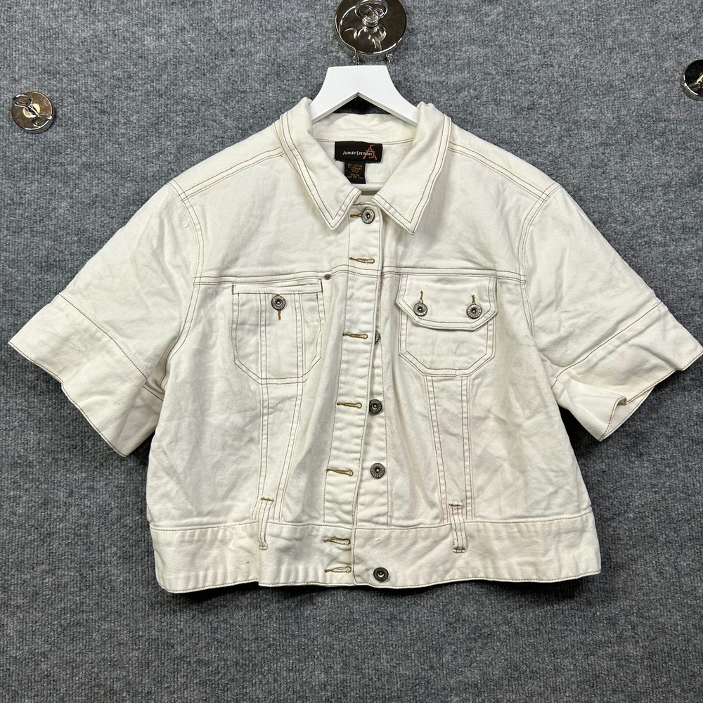 Ashley Stewart Jacket Women's Cream Short Sleeve Denim Cropped Button Up - 16